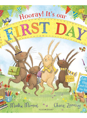 英文原版 Hooray! It's our First Day 万岁！这是我们的第一天！ 迎接开学的第一天 翻翻机关 动物故事 趣味冒险 4-8岁