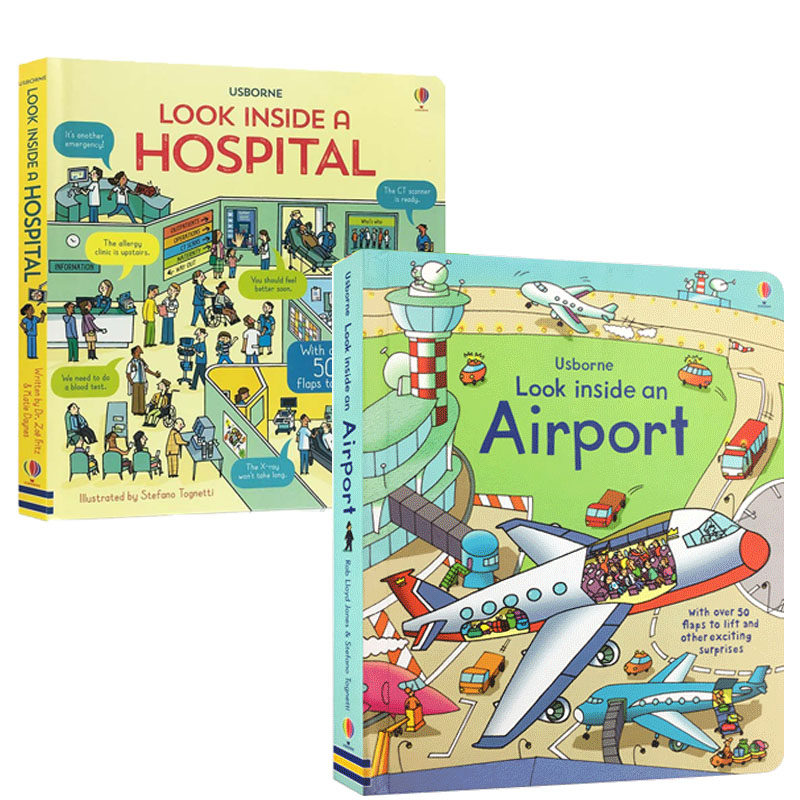 英文原版Look inside: a Hospital/an Airport 偷偷看里面系列 医院 /机场2本 儿童百科 纸板翻翻书启蒙绘本