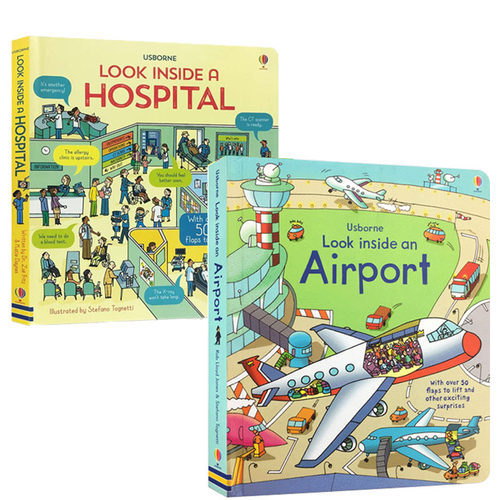 英文原版Look inside: a Hospital/an Airport 偷偷看里面系列 医院 /机场2本 儿童百科 纸板翻翻书启蒙绘本
