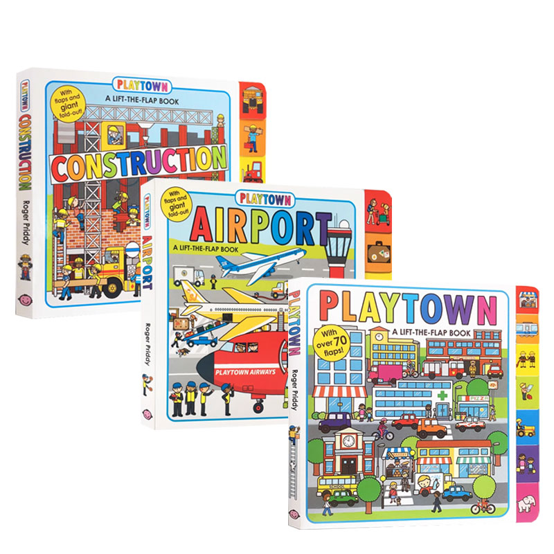 英文原版 玩玩镇系列Playtown: Construction Airport Emergency Farm 3本纸板翻翻书边玩边学幼儿绘本撕不烂科普趣味图画书