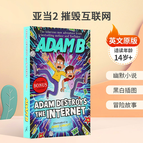 英文原版Adam B #2: Adam Destroys the Internet亚当2 摧毁互联网穿越互联网爆笑冒险幽默小说 黑白插图 冒险故事平装14岁+