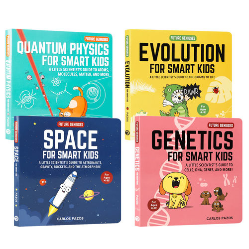 英文原版Future Geniuses生命起源小科学家指南4册聪明孩子的空间学进化论量子物理学遗传学纸板书儿童英语启蒙认知绘本幼儿科普
