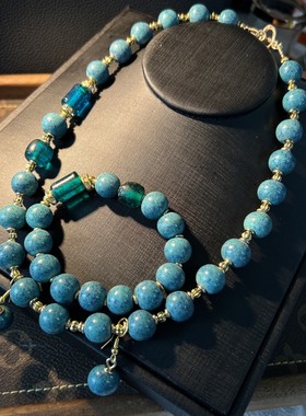 中古vintage 经典大气复古风老琉璃蓝色海洋色系项链手链耳钉套装