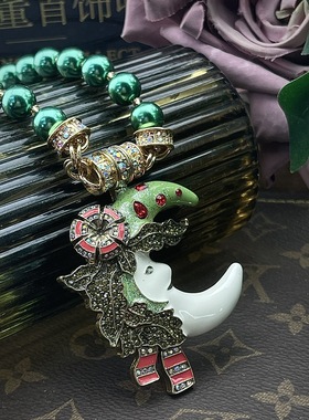 中古Vintage复古时尚小众月亮吊坠象牙白主体搭配绿色装饰吊坠