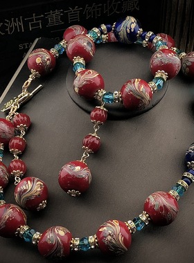 中古vintage 复古时尚精致大气古典老琉璃凤尾大尺寸套装项链手链