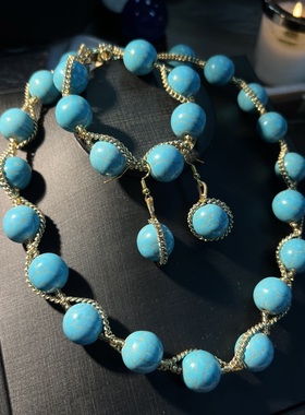 中古vintage 时尚气质精致大气松石个性款套装圆珠链项链手链耳饰