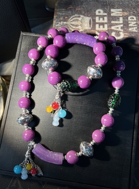 中古vintage 时尚气质紫色金红琉璃老料子弯管设计套装项链手链