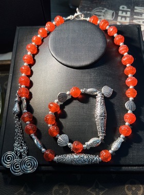 中古vintage 时尚气质原创藏银精致老琉璃回纹珠子套装手链项链