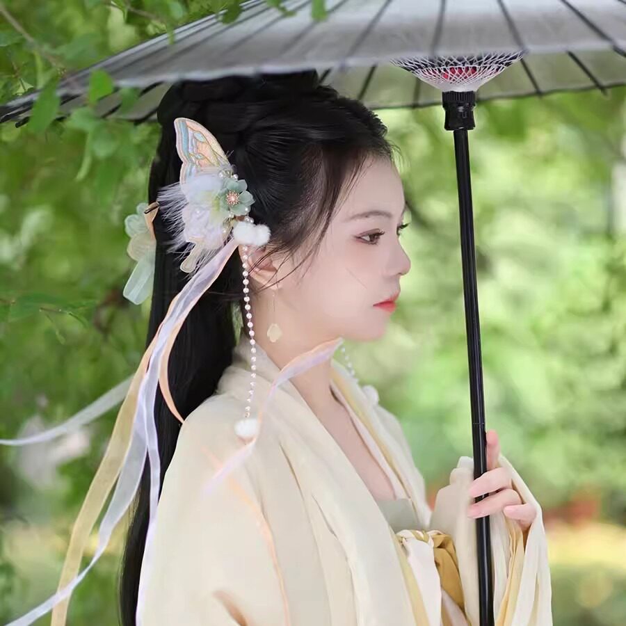 古风后压仙气刺绣发饰蝴蝶飘带夹
