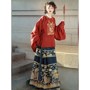 新款原创汉服女明制圆领大襟绣花琵琶袖短袄织金马面裙秋冬季套装