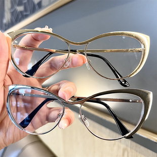 钢皮猫眼2024新款金属上翘猫眼眼镜架防蓝光素颜平光镜复古女ins