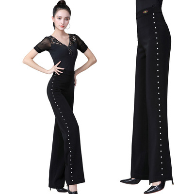 拉丁舞裤子女高腰国标舞飘带舞裤阔腿裤垂特巴舞新款跳舞裤练功裤