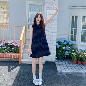 韩系格子无袖圆领连衣裙女2025夏季新款ins风减龄显瘦小个子a字裙图片