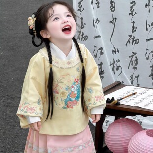秋冬新款女童汉服明制古风马面裙套装刺绣长袖中国风两件套装