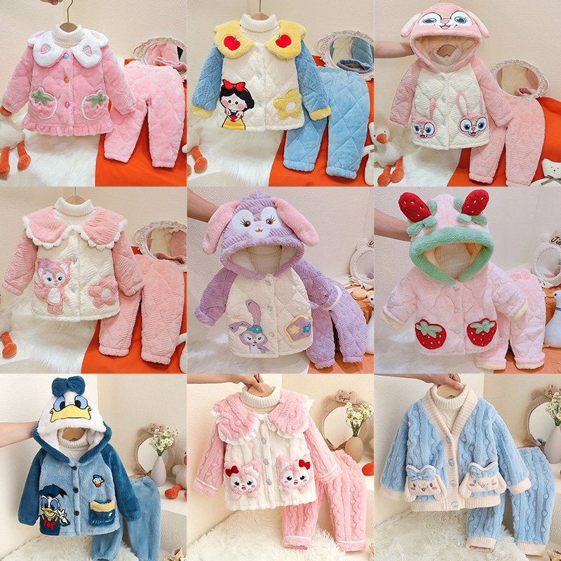 1-6岁女童三层夹棉睡衣儿童秋冬季3加绒加厚款5法兰绒家居套装4