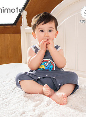 小米米春夏新款洋气无袖男宝哈衣纯棉爬服婴儿撞色连体衣外出