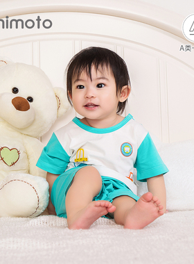 小米米春夏新款洋气男女宝开肩哈衣纯棉爬服婴儿短袖连体衣外出