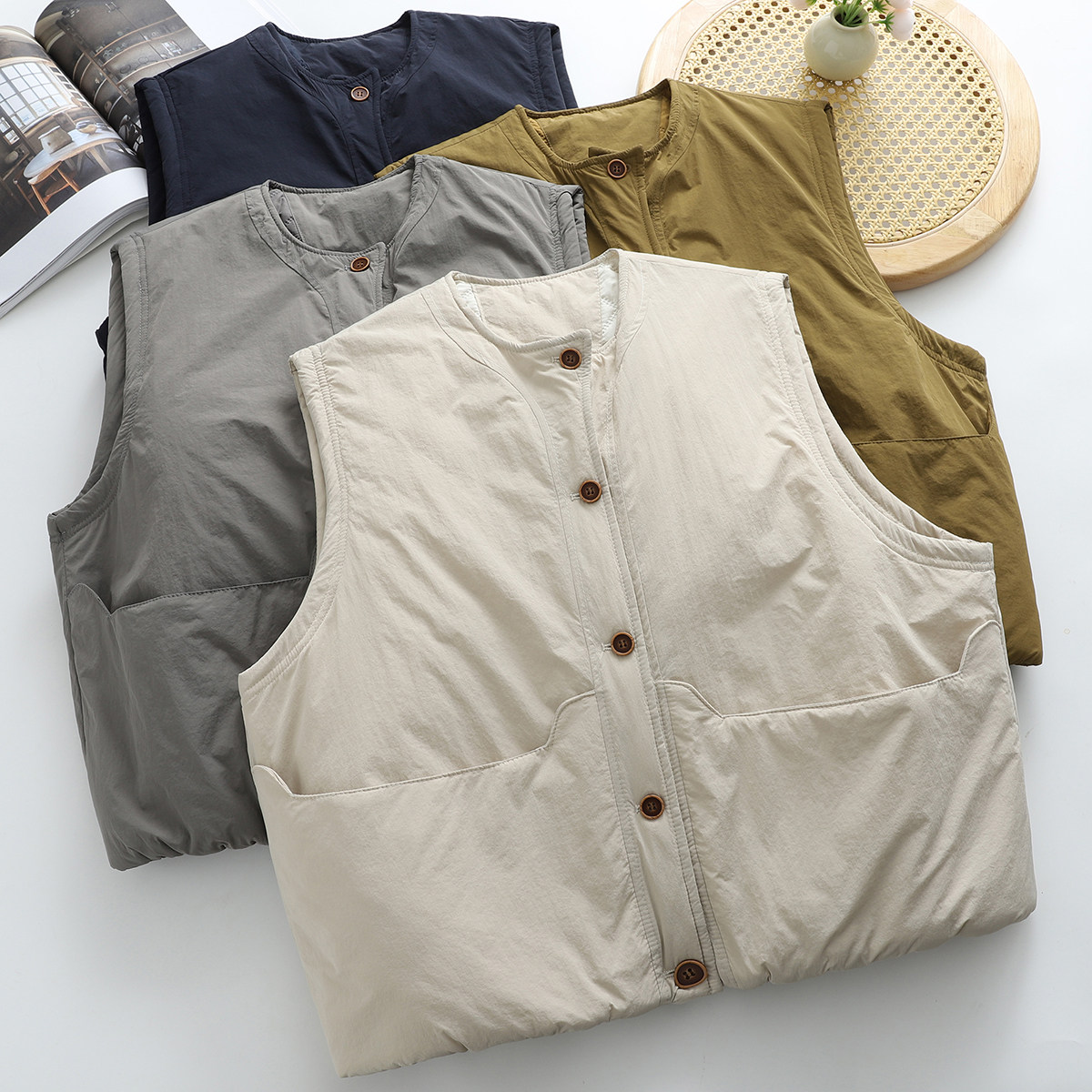 日系文艺风复古棉马甲女秋冬加厚无袖夹棉背心叠穿内搭宽松上衣
