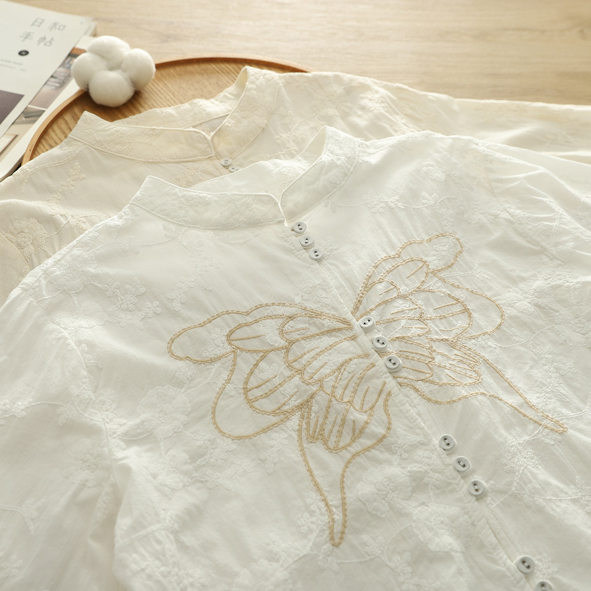 2025春季复古民族风刺绣蝴蝶蕾丝立领纯棉白衬衫女长袖国风打底衫,女装/女士精品,衬衫,淘宝优惠券,粉丝福利购,淘宝优惠卷