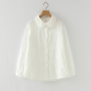 春夏森系文艺小清新甜美纯棉刺绣提花花边长袖衬衫女上衣宽松衬衣