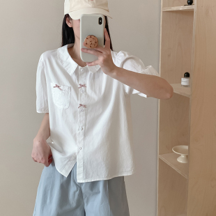 夏装新款森系小清新甜美娃娃领短袖衬衫女上衣宽松白衬衣纯棉韩版