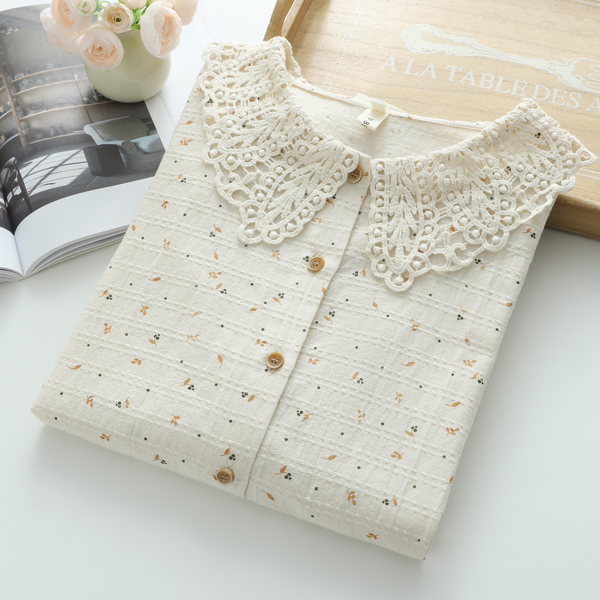 蕾丝娃娃领碎花长袖衬衫女森系甜美减龄少女风宽松百搭上衣衬衣秋