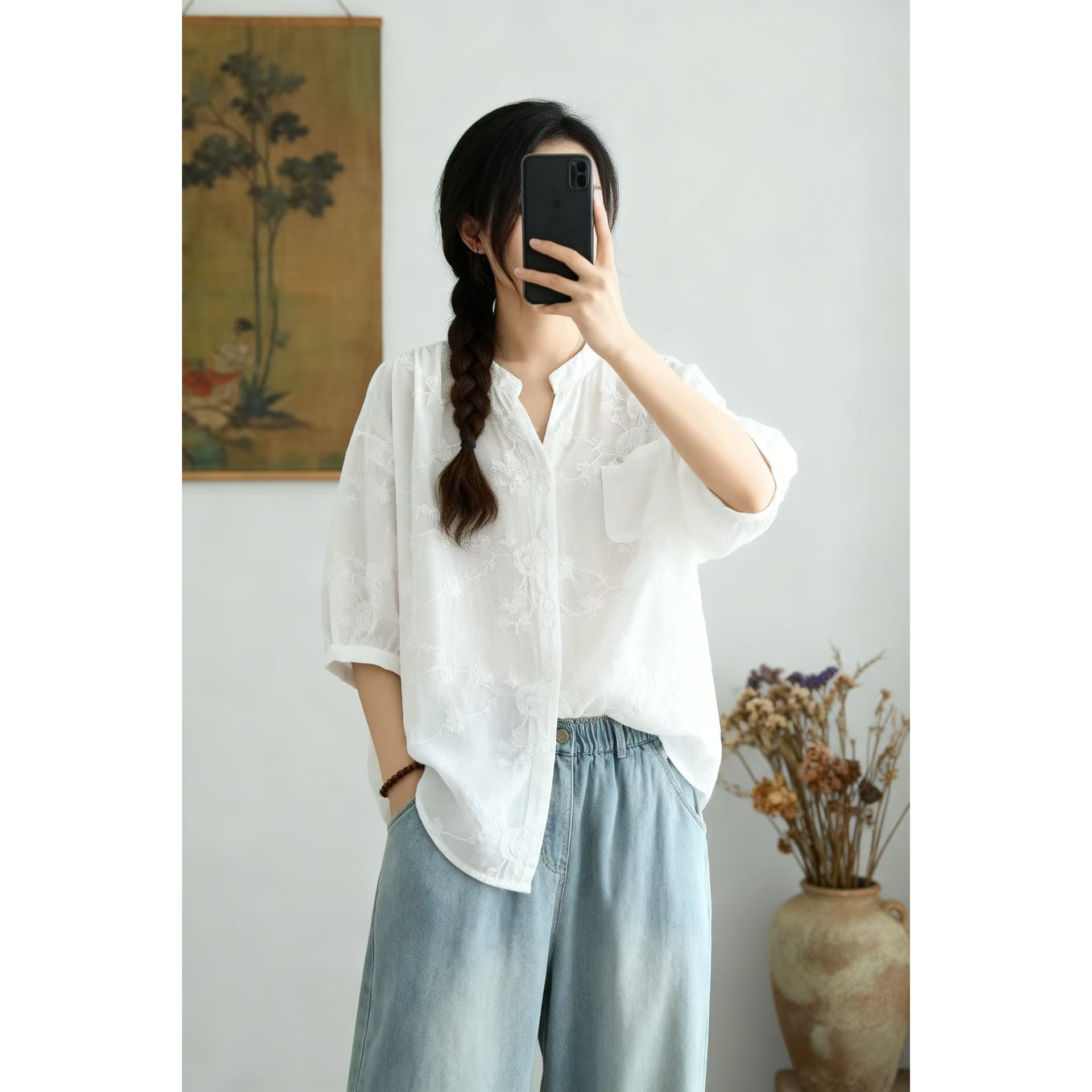 日系森女风刺绣提花V领短袖衬衫