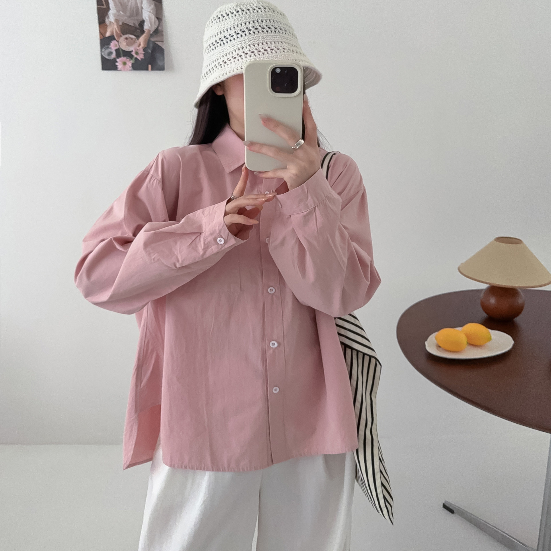 韩版气质宽松纯色百搭衬衫女长袖