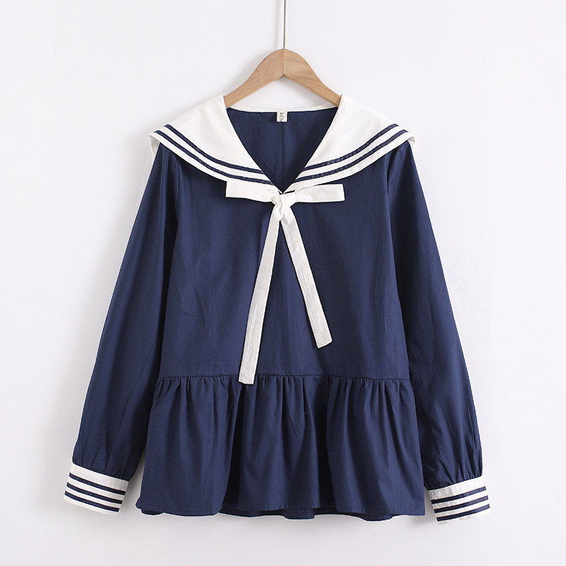 日系少女学院风海军领娃娃衫女长袖系带翻领宽松减龄衬衫2026春夏