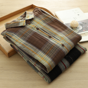 女柔软亲肤透气双面色织上衣秋季 文艺复古风双层棉纱长袖 格子衬衫