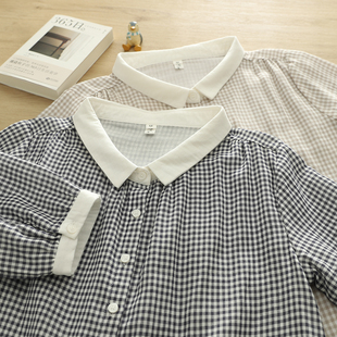 2025文艺短促夏季上衣减龄初高中棉纱宽松日系格子娃娃领短袖衬衫