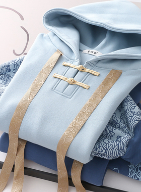 森系软妹少女甜美中国风浪花盘扣小兔子连帽加绒卫衣女学生秋冬装