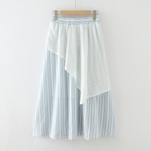 2025夏装 森系文艺复古纯棉条纹蕾丝拼接半身裙女宽松百搭裙子 新款