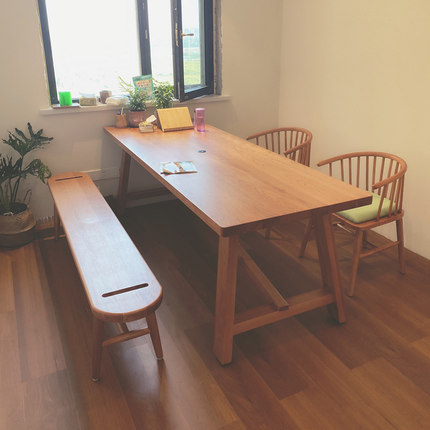 北欧全实木餐桌椅组合家用小户型客厅大长书桌一体长方形靠墙桌子