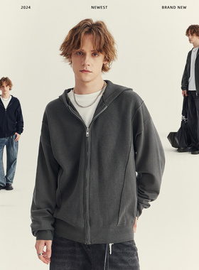 APO男装|秋冬季男士连帽针织开衫外套高级感潮牌宽松休闲拉链毛衣