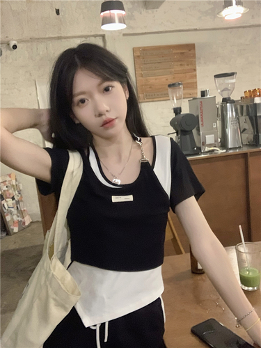 Real price ~ spice girl pure desire style short sleeve T-shirt women's top + loose black and white contrast color leisure high waist and wide leg pants