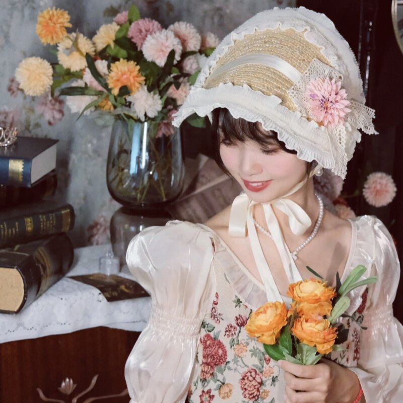 洛丽塔法式少女感蕾丝花朵草帽图片