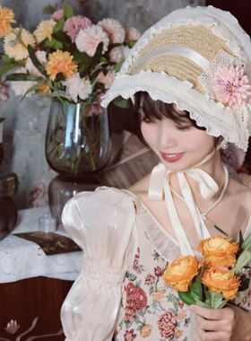 洛丽塔法式少女感蕾丝花朵草帽