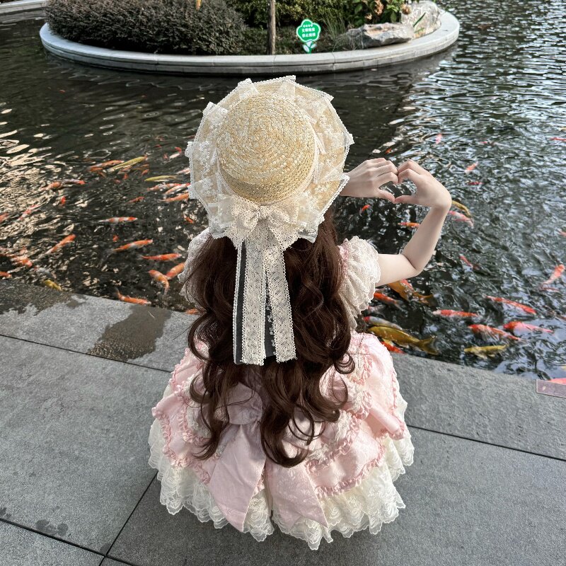 Lolita甜妹手工蕾丝蝴蝶结草帽图片