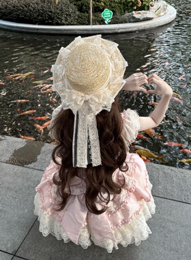 Lolita甜妹手工蕾丝蝴蝶结草帽