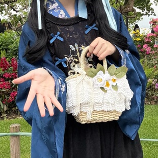 田园风蕾丝花朵装饰草编包小清新蝴蝶结手提包森系编织包