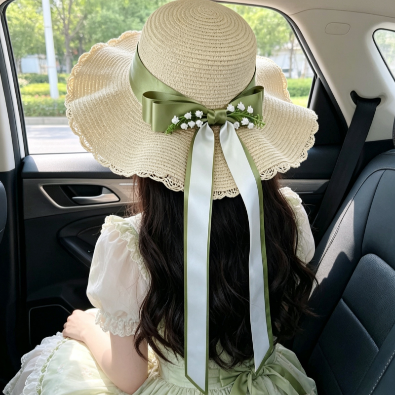 夏季大檐防晒蝴蝶结铃兰草帽女图片