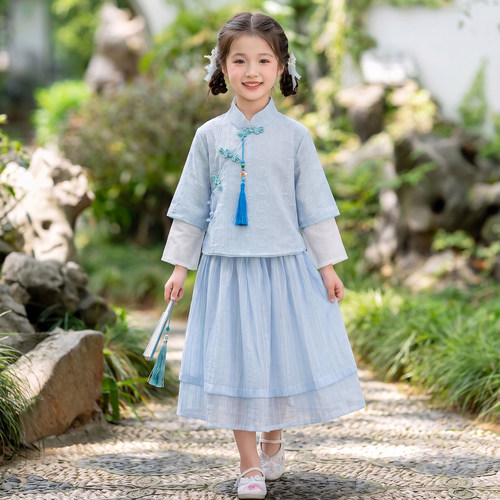 女童新中式立领盘扣浅蓝汉服套装