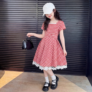 女童连衣裙夏季2026新款儿童超好看夏装格子裙女大童韩系红色裙子