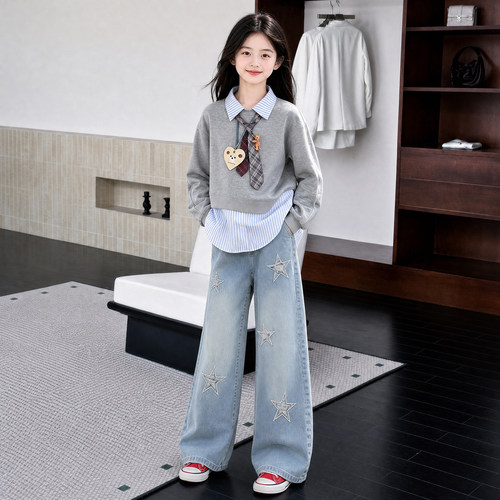 女大童装秋季韩版条纹假两件套装