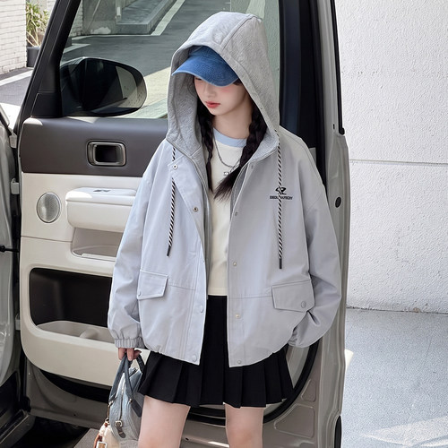 女童装秋季连帽假两件冲锋衣外套