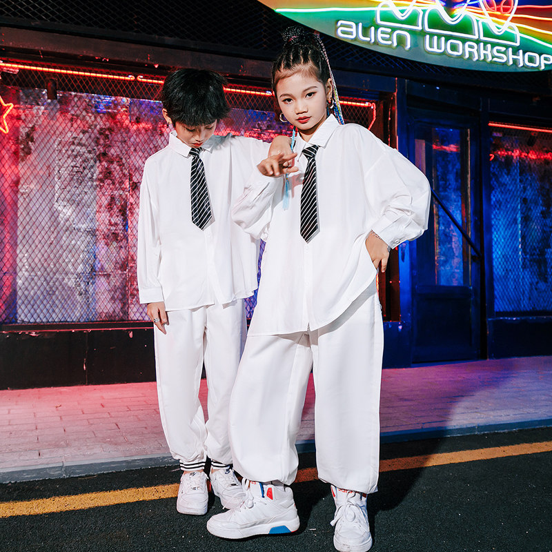 好货女童爵士舞服装儿童套装男童hiphop嘻哈街舞演出服装走秀白色