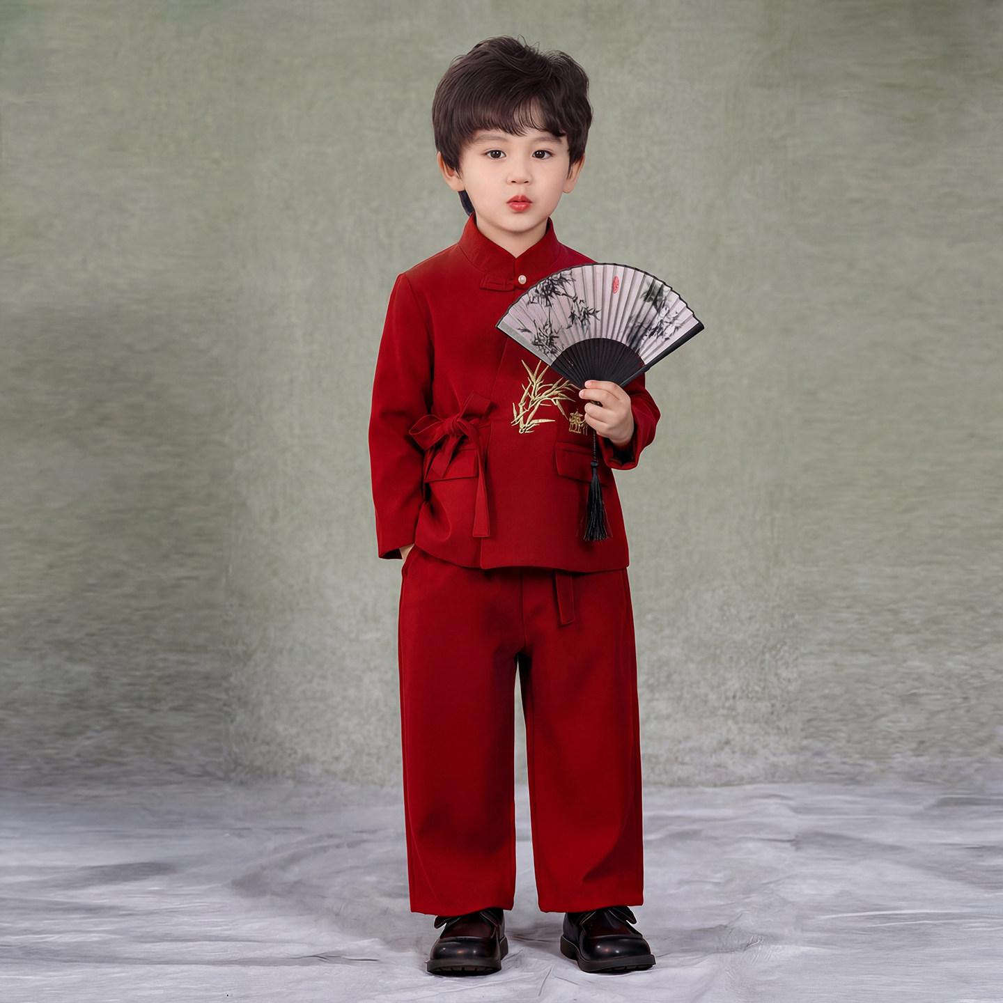 儿童中式唐装西装男童红色盘扣系带套装宝宝国学主持生日礼服