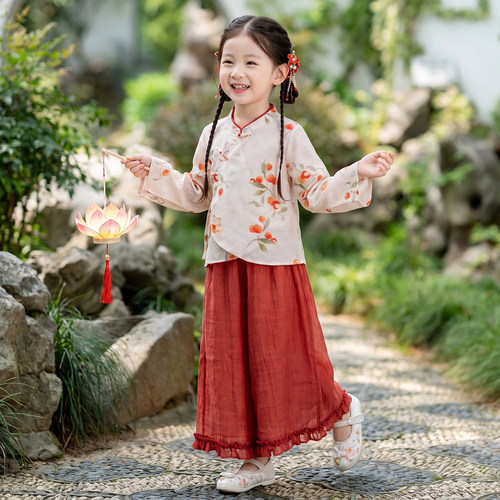 女童新中式碎花斜襟阔腿汉服套装