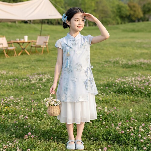 女童装夏季新中式假两件连衣裙子